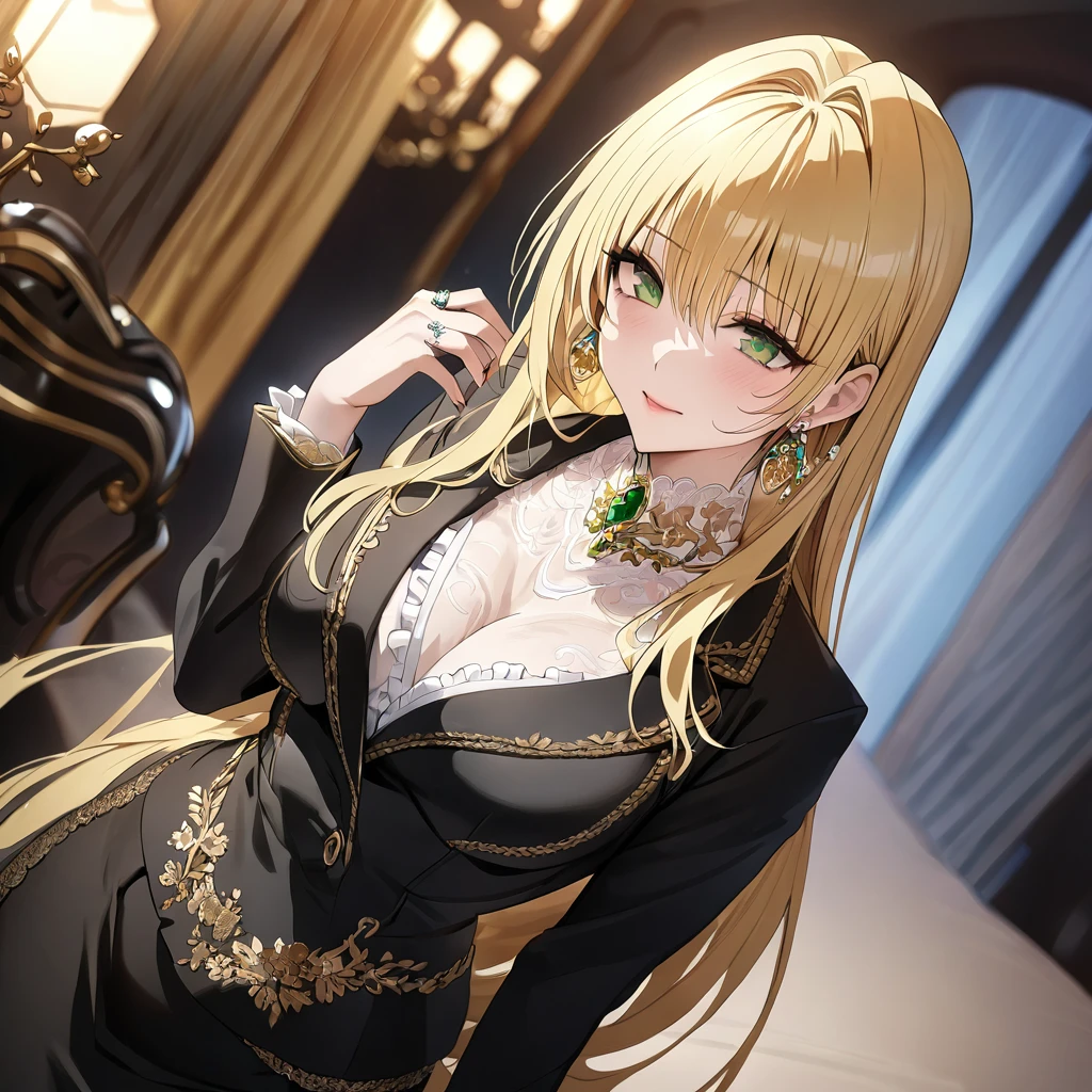 ((Highest quality)), ((masterpiece)), (detailed), （Perfect Face）、The woman is a thief with green eyes and medium-long blonde hair. She is wearing a luxurious black skirt-type suit with gold embroidery and trim, a luxurious and elegant white blouse with frills, jeweled earrings, and an engagement ring.