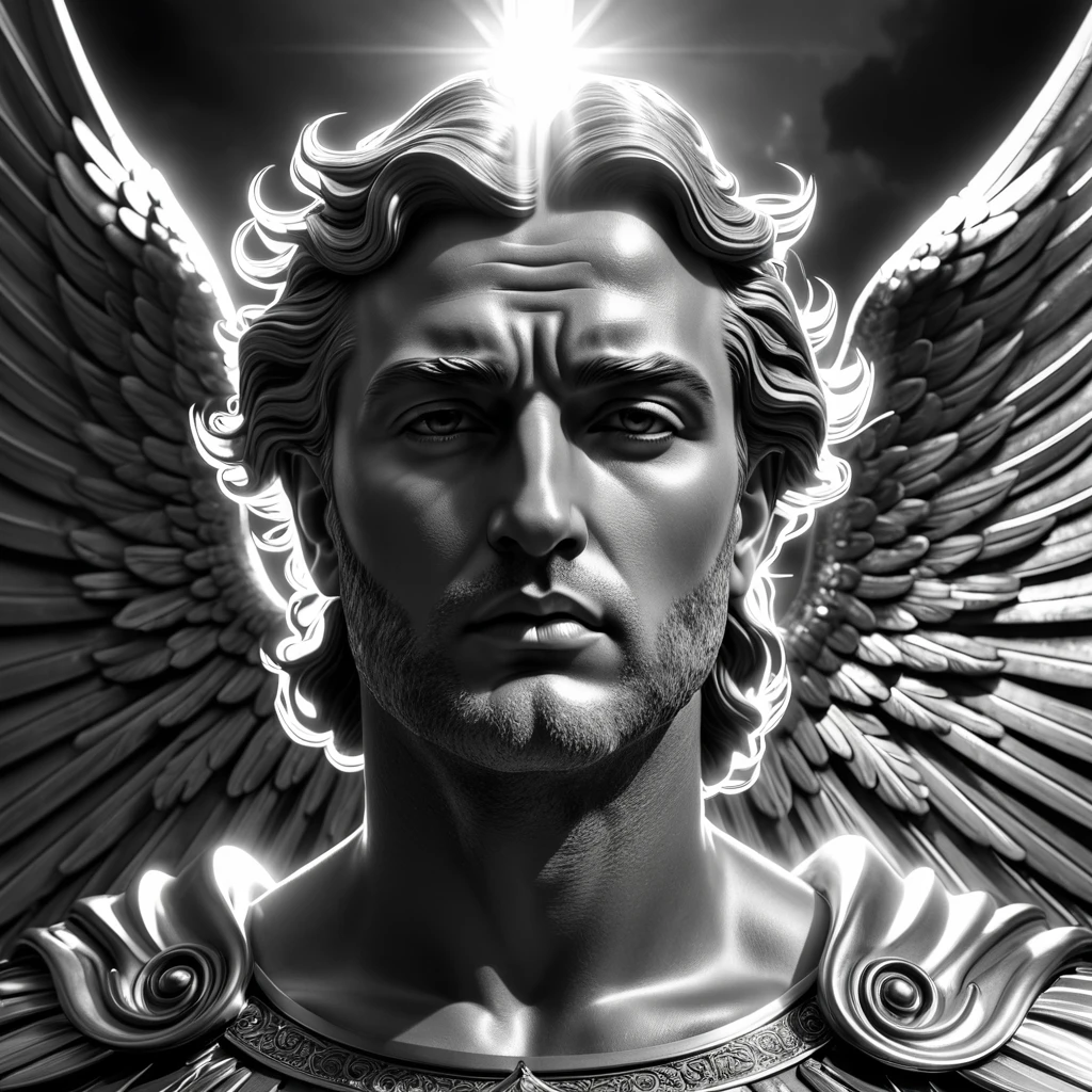 archangel, religious, surrealistic, thinking, Surrealism, Social realism, cinematic lighting, god rays, ray tracing, blending, multiple monochrome, masterpiece, high details, award winning, 8k, highres, best quality, strong man, the sky is like trembling, highly detailed face, perfect well drawn face, universal facial features