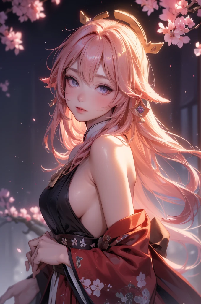 ((yaemikodef)):1.5, ((masterpiece,Highest quality,Highly detailed images,Beautiful images、Dutch Angle)), (In front of the cherry tree、Close-up image of yaemiko、Overall dim lighting、Backlight、Strong backlighting、Fantastic dark atmosphere、Thick Fog、Dust flutters),(Dynamic pose)1.2, sideboob