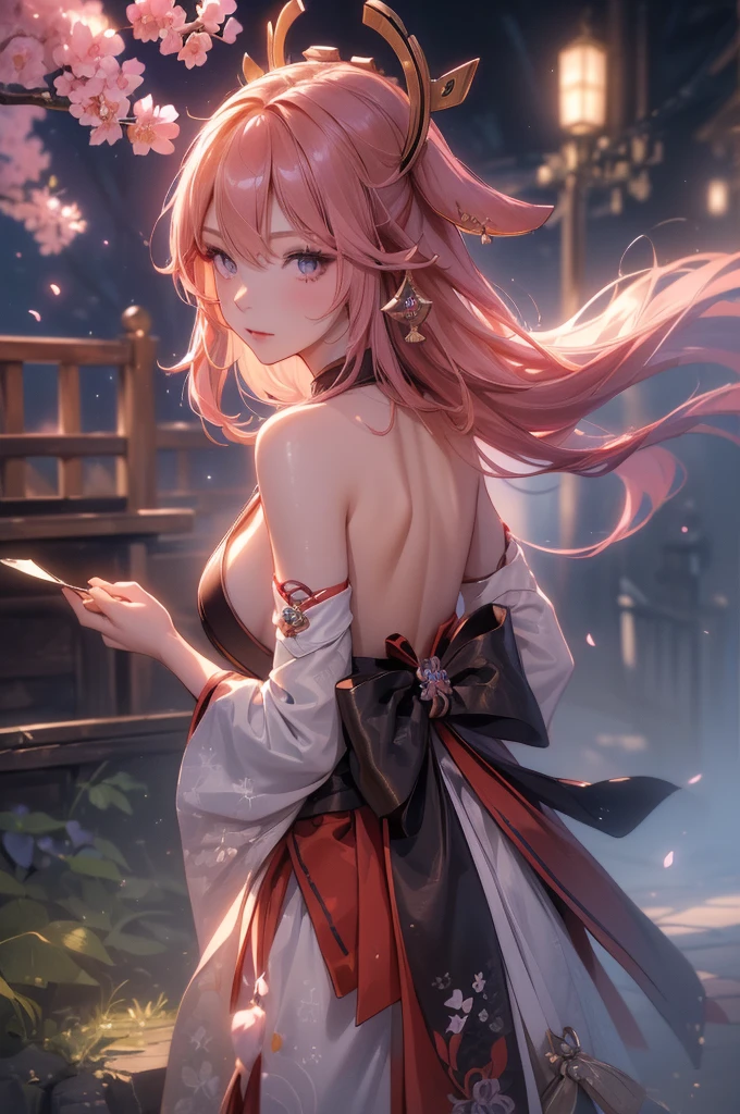 ((yaemikodef)):1.5, ((masterpiece,Highest quality,Highly detailed images,Beautiful images、Dutch Angle)), (In front of the cherry tree、Close-up image of yaemiko、Overall dim lighting、Backlight、Strong backlighting、Fantastic dark atmosphere、Thick Fog、Dust flutters),(Dynamic pose)1.2, sideboob