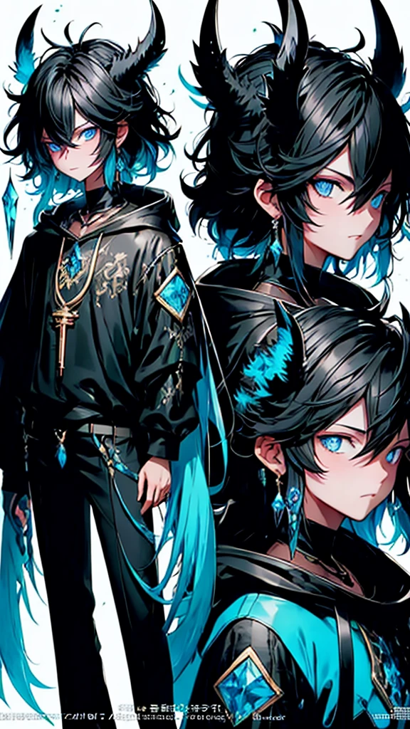 (masterpiece:1.2、highest quality), (Exquisite eyes: 1.2), (Detailed Background、Dark fantasy), (beauty detailed face), High Contrast, (Best lighting、Very delicate and beauty), ((Cinema Lighting) )), colorful, Hyper Detail, Dramatic Light, Intricate details, ( , scruffy black hair, bangs, Blue eyes, moon, dark night, long earrings, black hoodie, blue demon horns, sky blue great sword at the back, looking at viewer, upper body), Black light swirling around the character, Depth of written boundary, black light particles, Nightcore, Spectacular anime style, zerochan art, Anime Wallpaper, Burning, High quality anime art style, Key Anime Art