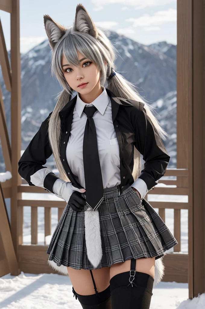grey wolf \(kemono friends\), 1girl, two-tone hair, long hair, wolf ears, heterochromia, wolf tail, fur collar, collared shirt, black shirt, breast pocket, plaid necktie, plaid skirt, pleated skirt, white gloves, two-tone thighhighs, fur-trimmed boots