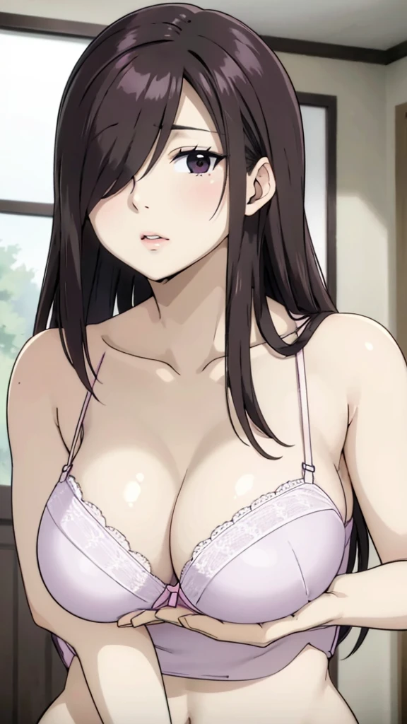 Cute , mature women, chubby cheek,realistic skin, violet bra see through nipple,realistic breast, saggy breast, large breast,nipple out,muted colours, cold lighting, pale white skin, mature women,black hair, long hair, (hair over one eye:1.4), Messy hair,straight hair,hair between eyes ,sleepy eyes ,beautiful,pucker lips,charm,pubic hair pussy,dense pubic hair, cute shy blush on