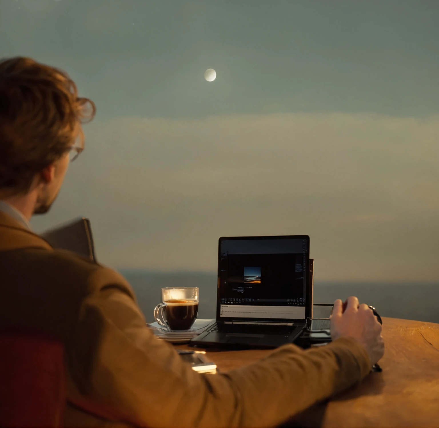 A man sitting at a table,A notebook and a cup of coffee in hands, Bottom Angle, Night settings, Panoramic view, Panorama, High-quality images, Portraits, Equipped with lighting, Hero Shot, A wonderful scene, high-definition, On a dark background, Powerful scenes, Grading with Davinci Resolution, Highly stylized, At sunrise