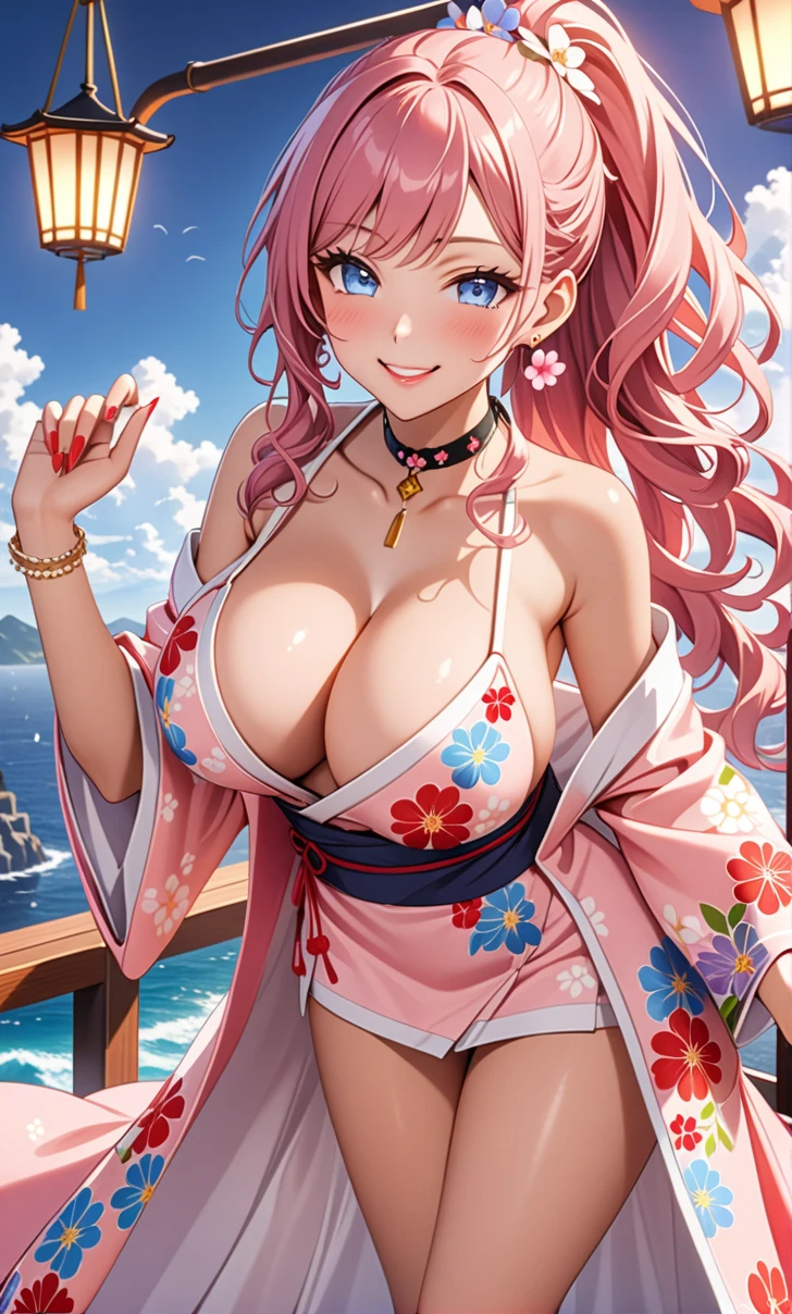 ultra-detailed, ((one girl)), (wheat skin gyaru:1.2), hyper detailed, absurdres, 8K, Beautiful Face, (Laugh shyly), ((teasing smile:1.8)), (tan skin:1.3),((Wink:1.7)), (Laugh with your mouth wide open),((Tilt your head:1.6)), View your viewers, ((Bright red cheeks:1.6)),Glossy Red Lips, ((Big Breasts:1.4)), ((show off breast:1.4)), (erect nipples), night, An observation deck overlooking the sea, (Brighten your face), ((Anime style background)),masterpiece, Highest quality, so beautiful,Latest, Complex details, (Pink long nails), (nail art), (ring),(bracelet), (Floral Choker),AI-generated, Complex,High resolution, Highest quality, super high quality,3D Images、3D Images,One person,Pastel pink long hair,(High Ponytail), (wavy hair:1.3), Pastel anime woman posing for a photo, ((Fine grain、blue eyes、glowing eyes:1.4)), (Squint your eyes:1.1),a hyperRealistic , hyperRealistic , Realistic,Anime woman with long pastel pink hair, Smooth anime CG art, A girl in a gorgeous pastel-colored kimono, ((undressing)), ((Pastel-colored furisode)),(Pink large floral pattern) ,Long flower hair ornament,Floral Earrings,Mature Body, tall,Narrow waist, ((leaning forward:1.3)), (front view),