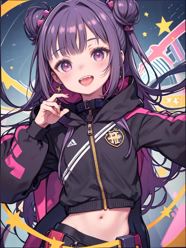 (masterpiece:1.2)、Highest quality、Pixiv、Rebellious girl、One Girl、Open your mouth、鋭いteeth、teeth、Long Hair、Street background、gem、badge、ボタンbadge、food、Pink Eyes、Earrings、Jacket、eyelash、foodを下にして、star (symbol)、Upper Body、Dressed characters、zipper、collar、cable、Lock、tongue、Stickers、hoodie、smile、spike、Focus on your audience、長いtongue、Central chest、Shoulder Bare、belly button、Colorful hair colors,Night view,Leaning forward