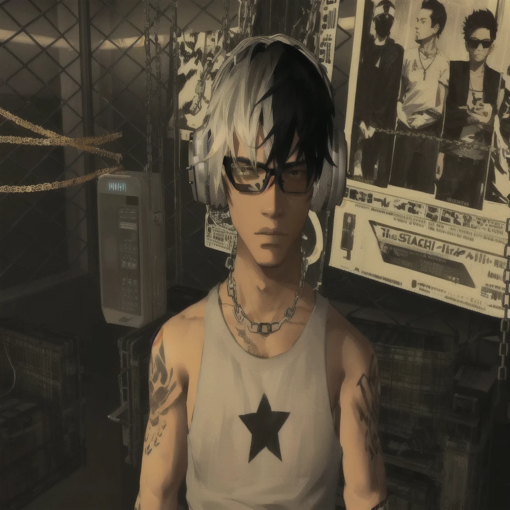 there is a man with an angel tattoo on his arm, with headphones on his head, and a punk man wearing glasses with a fire motif, wearing a chain necklace