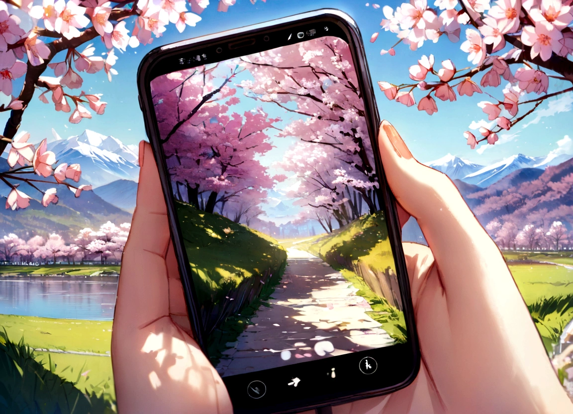 Photo quality、spring、cherry blossoms、Great view、mountains、Genuine、detailed、color、High resolution、超detailed
