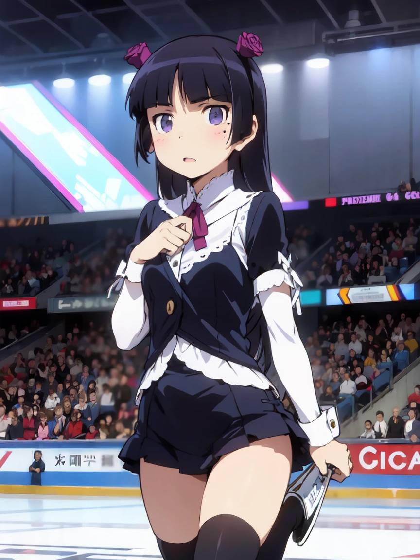 Gimnasio de la escuela Dentro del gimnasio Elementary school girl 8 years pecho plano pelo negro pelo largo Los ojos son morados. ((1 person)) Traje marinero manga larga blanco parte superior del cuerpo Minifalda cuerpo bajo azul marino bragas blancas calcetines blancos botas deportivas saltando Abre ligeramente las piernas((Bragas Blancas is visible)) dynamic angle Low angle focused on the lower body.