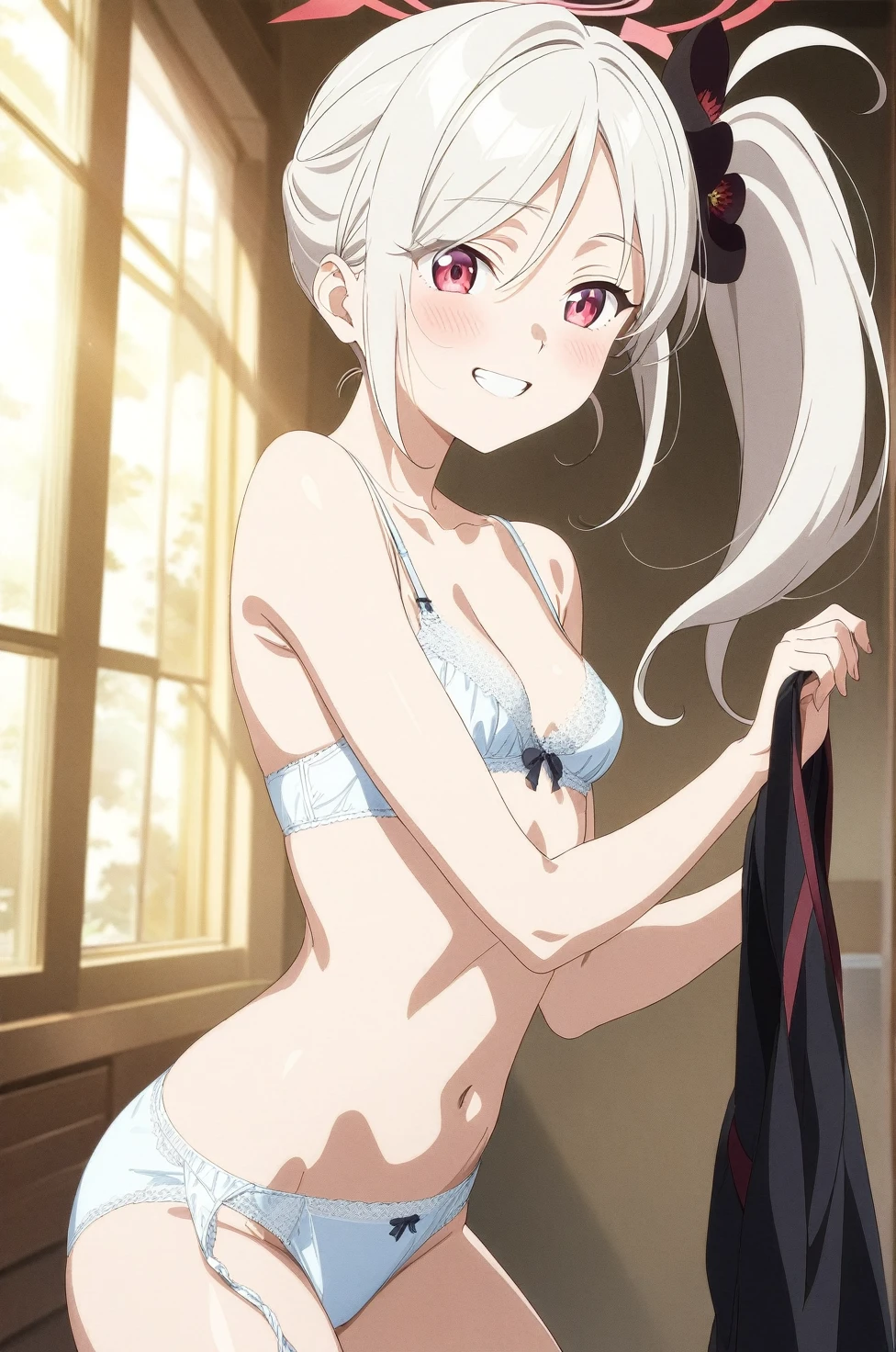 best quality, amazing quality, very aesthetic, absurdres, (1girl, mutsuki, blue archive, solo, red eyes, white hair, side ponytail), (realistic face:0.9),(lace-trimmed bra:1.8),dress lift, (grin, blush, thigh:1.3), (cowboy shot), (glistening eyes), (from side:2), (official art:1.3), (panties around one leg), expressive eyes, perfect face, extremely detailed eyes, perfect anatomy, light rays, extremely delicate body, smooth skin, (anime background:1.5), clear eyes, beautiful face, small breasts,(anime style:1.7), (Warm Light:1.5), (highres:2),