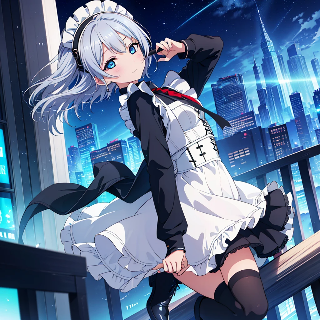 Woman Looking Back, Perfect Human Medicine, {{{{{Maid clothes}}}}},Small Tits,Anime Assortment,Cool,cyber punk,{{{{{50 year old woman}}}}} ,{{{{{a person is depicted}}}}},(Official Art、{{{{{Upper Bodyアングル}}}}},Highest quality、Unity 8k wallpaper、32k、masterpiece、Ultra-detailed、Ultra-high resolution, Realistic、Grab your hair with your hands, Photorealistic:1.2)、(Cinema Lighting:1.2)、,Fire Glow Effect、The most grainy shadows on the film、Rim Light、Side light、Side Shot、(Ultra-detailedで複雑な3Dレンダリング)、Very short hair, Short wolf hair,細部までBeautiful Faceと目、Sharp pupils、Realistic生徒、Slender、1men and women、、white maid hat, Highly detailed background、Beautiful Face、Beautiful 16 year old girl、(Ultra-detailedなスキン、Detailed skin texture:1.Silver Hair:1.3)、Blunt bangs、blue eyes、{{{{{黒いMaid clothes}}}}}、White apron costume、Black knee socks、(Thighs Thighs Thighs Thighs:0.8)、Black Bhutan stick and beautiful night sky、Medieval city at night、Dancing on the Tower Roof:1.4)、(avert your eyes、Overlooking the city:1.3)、Fantastic、Close your mouth and bite, Makes your face smaller,(Tabletop), Highest quality, Expressionless eyes, Perfect Face, 1 Girl, alone, Eye color is light blue, Hair between the eyes, Very Short Hair, blue eyes, Silver Hair, Knee-high boots, corset,Black gloves, Long sleeve, Futuristic floating city, Upper Body,