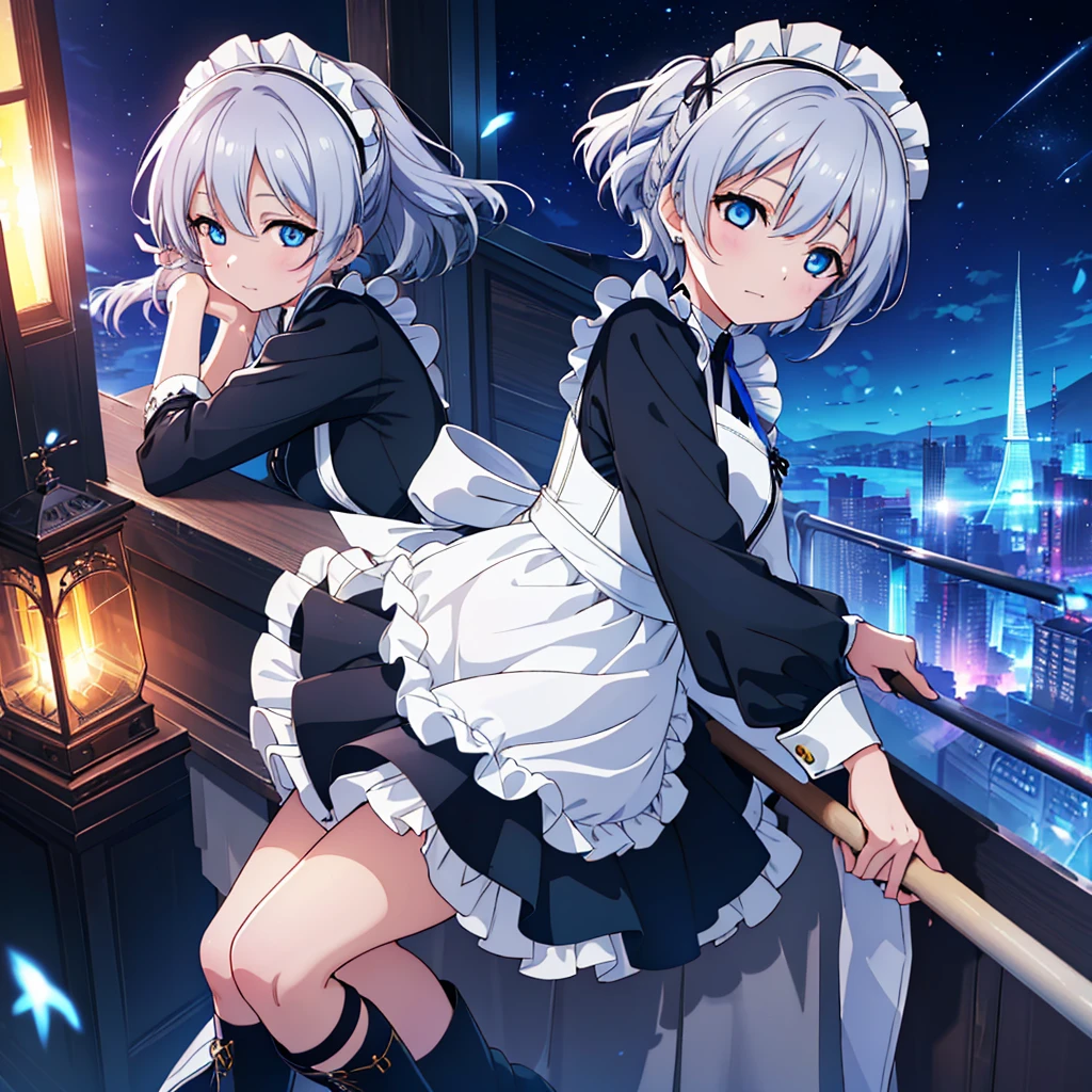 Woman Looking Back, Perfect Human Medicine, {{{{{Maid clothes}}}}},Small Tits,Anime Assortment,Cool,cyber punk,{{{{{50 year old woman}}}}} ,{{{{{a person is depicted}}}}},(Official Art、{{{{{Upper Bodyアングル}}}}},Highest quality、Unity 8k wallpaper、32k、masterpiece、Ultra-detailed、Ultra-high resolution, Realistic、Grab your hair with your hands, Photorealistic:1.2)、(Cinema Lighting:1.2)、,Fire Glow Effect、The most grainy shadows on the film、Rim Light、Side light、Side Shot、(Ultra-detailedで複雑な3Dレンダリング)、Very short hair, Short wolf hair,細部までBeautiful Faceと目、Sharp pupils、Realistic生徒、Slender、１men and women、、white maid hat, Highly detailed background、Beautiful Face、Beautiful 16 year old girl、(Ultra-detailedなスキン、Detailed skin texture:1.Silver Hair:1.3)、Blunt bangs、blue eyes、{{{{{黒いMaid clothes}}}}}、White apron costume、Black knee socks、(Thighs Thighs Thighs Thighs:0.8)、Black Bhutan stick and beautiful night sky、Medieval city at night、Dancing on the Tower Roof:1.4)、(avert your eyes、Overlooking the city:1.3)、Fantastic、Close your mouth and bite, Makes your face smaller,(Tabletop), Highest quality, Expressionless eyes, Perfect Face, 1 Girl, alone, Eye color is light blue, Hair between the eyes, Very Short Hair, blue eyes, Silver Hair, Knee-high boots, corset,Black gloves, Long sleeve, Futuristic floating city, Upper Body,