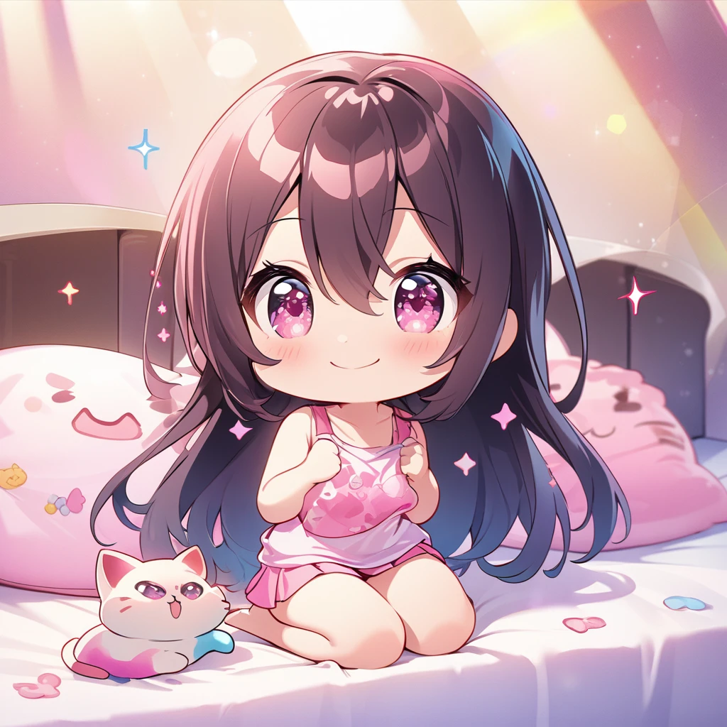 masterpiece, best quality, 4k、2D illustration、one beautiful girl、solo、(((chibi style)))、((vivid colors))、cute chibi、lovely chibi、long beautiful hair, glossy dark hair, hair between eyes, cute、beautifully detailed eyes、((tank top))、((miniskirt))、((colorful))、((happy smile))、sitting on bed、((full body shot))、((kitten)), ((lots of pink stuff around))、((bed))、sparkle、((lens flare))、