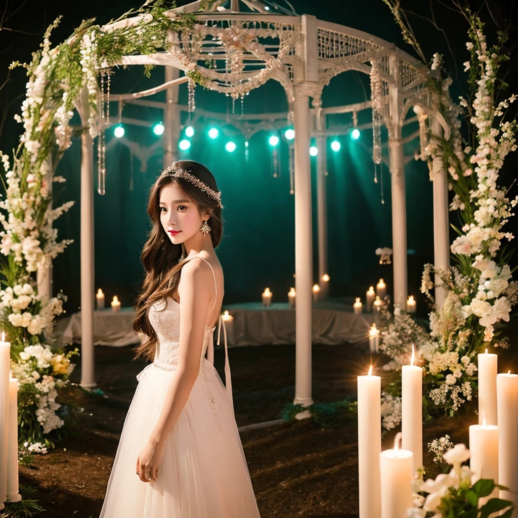 Generate an image of an extraordinarily beautiful 20-year-old Asian woman standing alone, whose beauty rivals that of a goddess of the fire element. She has large brown eyes, dark brown hair, glowing skin, and a captivating appearance. She is wearing a stunning white wedding dress that accentuates her elegance. The woman stands charmingly alone, her beauty appearing as if blessed by nature, in a very romantic and lovely aisle adorned with flowers and soft lighting, exuding a magical and serene atmosphere.