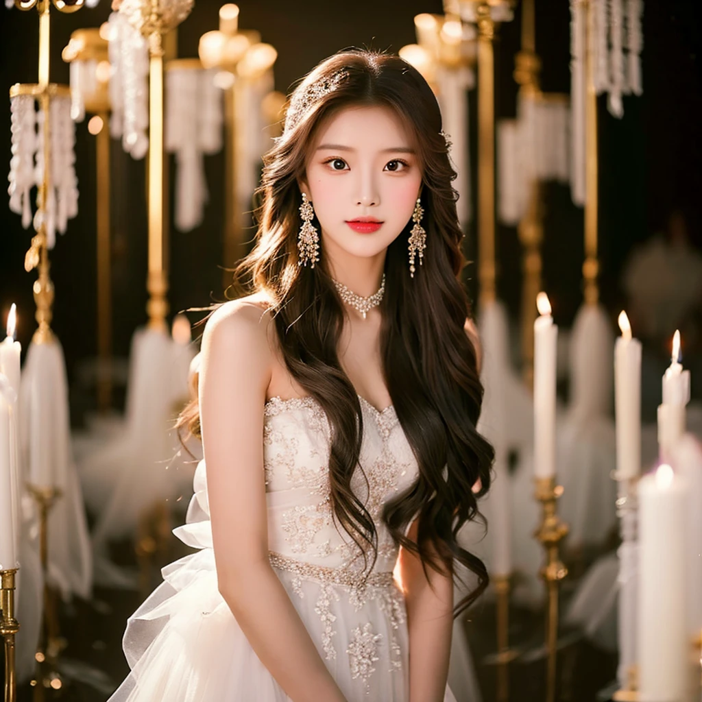 Generate an image of an extraordinarily beautiful 20-year-old Asian woman standing alone, whose beauty rivals that of a goddess of the fire element. She has large brown eyes, dark brown hair, glowing skin, and a captivating appearance. She is wearing a stunning white wedding dress that accentuates her elegance. The woman stands charmingly alone, her beauty appearing as if blessed by nature, in a very romantic and lovely aisle adorned with flowers and soft lighting, exuding a magical and serene atmosphere.