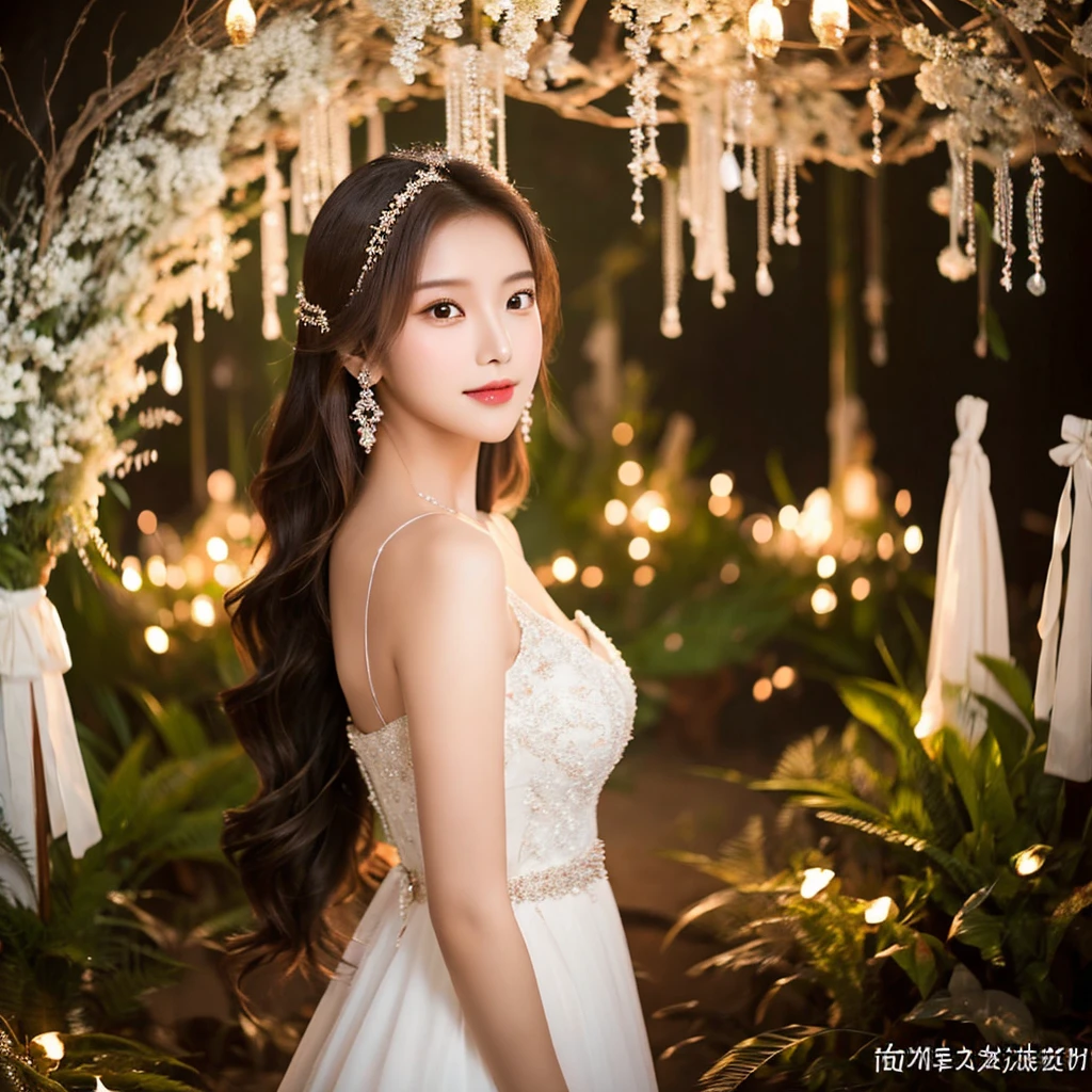 Generate an image of an extraordinarily beautiful 20-year-old Asian woman standing alone, whose beauty rivals that of a goddess of the fire element. She has large brown eyes, dark brown hair, glowing skin, and a captivating appearance. She is wearing a stunning white wedding dress that accentuates her elegance. The woman stands charmingly alone, her beauty appearing as if blessed by nature, in a very romantic and lovely aisle adorned with flowers and soft lighting, exuding a magical and serene atmosphere.