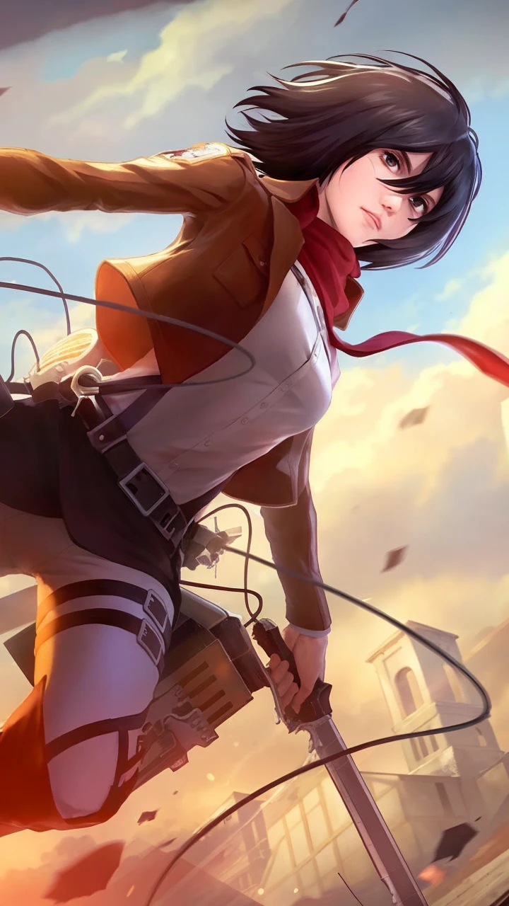 masterpiece, best quality, highres, hmmikasa, short hair, black eyes, scarf, emblem, belt, thigh strap, red scarf, white pants, brown jacket, long sleeves, holding weapon, sword, dual wielding, three-dimensional maneuver gear, fighting stance, sky, highest quality, high resolution.