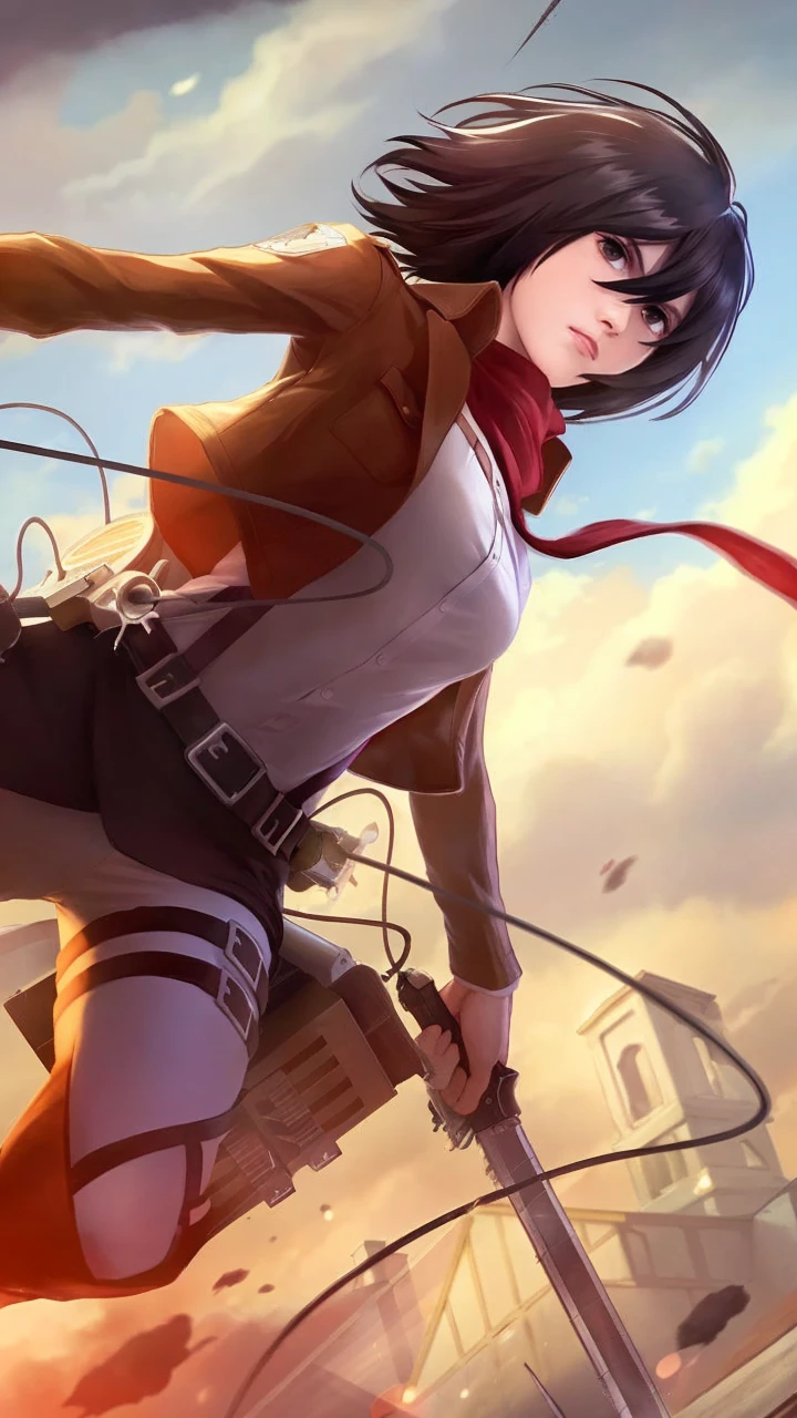 masterpiece, best quality, highres, hmmikasa, short hair, black eyes, scarf, emblem, belt, thigh strap, red scarf, white pants, brown jacket, long sleeves, holding weapon, sword, dual wielding, three-dimensional maneuver gear, fighting stance, sky, highest quality, high resolution.