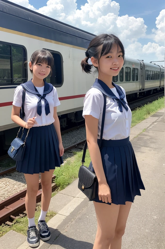 girls in rural railway station,Japanese diesel train on far side,cumulonimbus cloud in summer sky,short-sleeved white shirt with sailor collar,navy blue pleated skirt,school bag,18-year-old,bangs,a little smile,thighs,knees,short hair with low pigtails bunches,from beside,front light