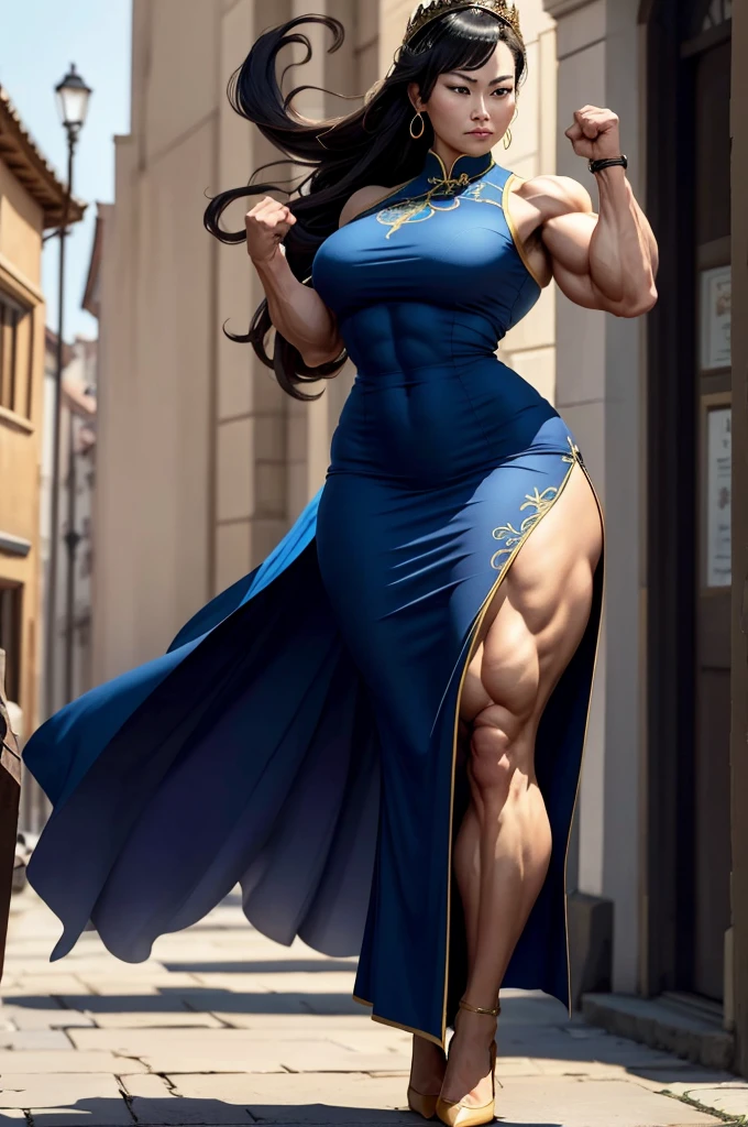 
(Best lighting) , (Very intricate details) , 4K Integration, (Super fine CG: 1.2) , (8K: 1.2),(original), (masterpiece) , (Highest quality),(masterpiece:1.4),((Full  images))、Photo quality,(masterpiece),masterpiece, Highest quality, Absurd,((Masterpiece, 4K, 8K, High resolution)),(masterpiece), (Highest quality), (Super detailed), (Very delicate and beautiful), ((Cowboy Shot)), 1 female,Beautiful western face、A beautiful, well-balanced face、40-year-old woman、
(A woman with a muscular body like a male bodybuilder,) Huge body、A giant woman towering over the cityscape、10 meters tall、((Beautiful woman)),((Woman warrior)),(((Full body image))),girl,Brave and resolute attitude,Female bodybuilder in a Chinese dress,Blue Chinese Dress、A cheongsam with gorgeous embroidery all over the fabric、cheongsam dress with long hem、Sleeveless cheongsam、Very strong legs visible through the slit、High heel 、Medieval streetscape,Brave pose,Strength and elegance,Solemn atmosphere,Powerful aura,((The Queen's Appearance))、Determined jawline,((The Strongest Queen of Mankind))、(Huge muscular physique),(Protruding veins)、Raised trapezius muscle、very thick neck、((Strong arms with bulging biceps))、A muscular chest、Six-pack、((Thick, muscular legs))、Overflowing with incredible strength、Muscles bulging out from under the force of force all over the body、Graceful Movement,A commanding presence,Poses that show off their monstrous power,Dynamic configuration,Vibrant colors,Perfect balance,Light and shadow contrast,Down to the smallest thread,Sharpen highlights and shadows,Impressive level textures,Sharp focus,Rich and realistic backgrounds,Magnificence and grandeur,((The Mighty Queen)),((Queen of Superpowers)),((A powerful queen of dignity and grandeur)), Inspiring and majestic,Dignified and fierce,Guardian of the kingdom,Unstoppable courage,Divine Destiny,Indomitable spirit,Unforgettable beauty,Unwavering Strength



