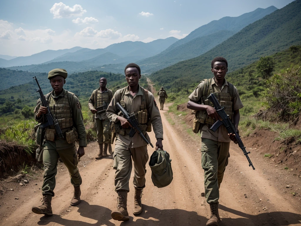 Create a hyper-realistic, 16K resolution image depicting Laurent-Désiré Kabila and his army of  soldiers, known as Kadogos, during their grueling 2,000-kilometer journey from the eastern border with Rwanda to the capital city of Kinshasa in the 1990s.

Scene Description:

Setting: The scene should capture the harsh and varied terrain of their journey, transitioning from the mountainous and forested eastern regions to the more urban environment approaching Kinshasa. The background should include elements such as dense forests, rugged mountains, and dusty roads leading into the city, symbolizing the long and arduous trek.
Time of Day: Use lighting that conveys the passage of time and the endurance required for such a journey. This could be the soft, golden light of dawn, symbolizing hope and the start of a new day, or the dim, tired light of dusk, reflecting the exhaustion and determination of the march.
Main Characters:

Laurent-Désiré Kabila: Depict Kabila as a strong and determined leader, guiding his troops with a resolute expression. He should be in military attire, appropriate for a revolutionary leader, possibly worn and dusty from the long march. His posture should exude authority and unwavering commitment.
Kadogos (Child Soldiers): The Kadogos should be shown as young, determined soldiers, typically aged between  and 16They should be dressed in simple, rugged military uniforms, carrying basic gear and weapons. Their expressions should reflect both their youthful innocence and the resolve forged by their difficult journey. Emphasize their resilience and unity as they march alongside Kabila.
Additional Elements:

Terrain and Journey: Include visual elements that highlight the grueling nature of their journey. Show the group traversing difficult landscapes, such as steep mountain paths, dense forests, and long, dusty roads. Incorporate signs of the journey’s toll, like worn-out shoes, makeshift camps, and tired faces.
Rwandan Influence: Subtly