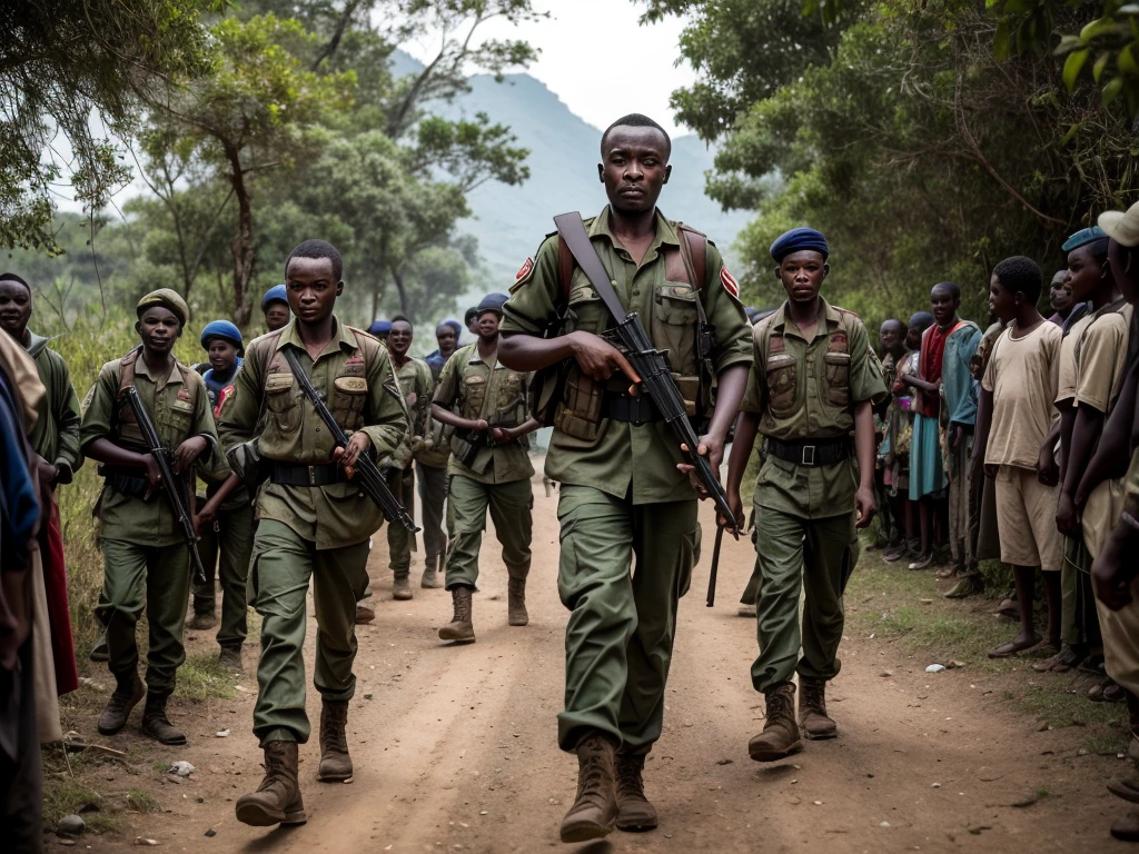 Create a hyper-realistic, 16K resolution image depicting Laurent-Désiré Kabila and his army of soldiers, known as Kadogos, during their grueling 2,000-kilometer journey from the eastern border with Rwanda to the capital city of Kinshasa in the 1990s.
Scene Description:
Setting: The scene should capture the harsh and varied terrain of their journey, transitioning from the mountainous and forested eastern regions to the more urban environment approaching Kinshasa. The background should include elements such as dense forests, rugged mountains, and dusty roads leading into the city, symbolizing the long and arduous trek.
Time of Day: Use lighting that conveys the passage of time and the endurance required for such a journey. This could be the soft, golden light of dawn, symbolizing hope and the start of a new day, or the dim, tired light of dusk, reflecting the exhaustion and determination of the march.
Main Characters:
Laurent-Désiré Kabila: Depict Kabila as a strong and determined leader, guiding his troops with a resolute expression. He should be in military attire, appropriate for a revolutionary leader, possibly worn and dusty from the long march. His posture should exude authority and unwavering commitment.
Kadogos (Child Soldiers): The Kadogos should be shown as young, determined soldiers, typically aged between 10 and 16 years old. They should be dressed in simple, rugged military uniforms, carrying basic gear and weapons. Their expressions should reflect both their youthful innocence and the resolve forged by their difficult journey. Emphasize their resilience and unity as they march alongside Kabila.
Additional Elements:
Terrain and Journey: Include visual elements that highlight the grueling nature of their journey. Show the group traversing difficult landscapes, such as steep mountain paths, dense forests, and long, dusty roads. Incorporate signs of the journey’s toll, like worn-out shoes, makeshift camps, and tired faces.
Rwandan Influence: Subtly