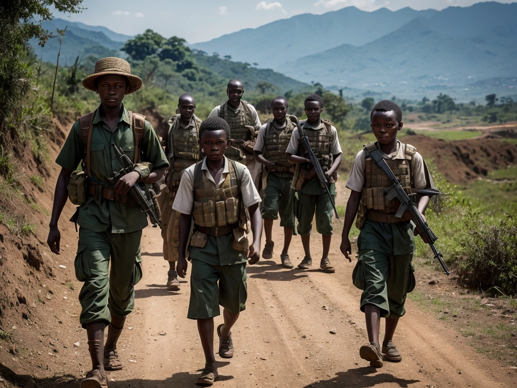 Create a hyper-realistic, 16K resolution image depicting Laurent-Désiré Kabila and his army of soldiers, known as Kadogos, during their grueling 2,000-kilometer journey from the eastern border with Rwanda to the capital city of Kinshasa in the 1990s.
Scene Description:
Setting: The scene should capture the harsh and varied terrain of their journey, transitioning from the mountainous and forested eastern regions to the more urban environment approaching Kinshasa. The background should include elements such as dense forests, rugged mountains, and dusty roads leading into the city, symbolizing the long and arduous trek.
Time of Day: Use lighting that conveys the passage of time and the endurance required for such a journey. This could be the soft, golden light of dawn, symbolizing hope and the start of a new day, or the dim, tired light of dusk, reflecting the exhaustion and determination of the march.
Main Characters:
Laurent-Désiré Kabila: Depict Kabila as a strong and determined leader, guiding his troops with a resolute expression. He should be in military attire, appropriate for a revolutionary leader, possibly worn and dusty from the long march. His posture should exude authority and unwavering commitment.
Kadogos (Child Soldiers): The Kadogos should be shown as young, determined soldiers, typically aged between 10 and 16 years old. They should be dressed in simple, rugged military uniforms, carrying basic gear and weapons. Their expressions should reflect both their youthful innocence and the resolve forged by their difficult journey. Emphasize their resilience and unity as they march alongside Kabila.
Additional Elements:
Terrain and Journey: Include visual elements that highlight the grueling nature of their journey. Show the group traversing difficult landscapes, such as steep mountain paths, dense forests, and long, dusty roads. Incorporate signs of the journey’s toll, like worn-out shoes, makeshift camps, and tired faces.
Rwandan Influence: Subtly
