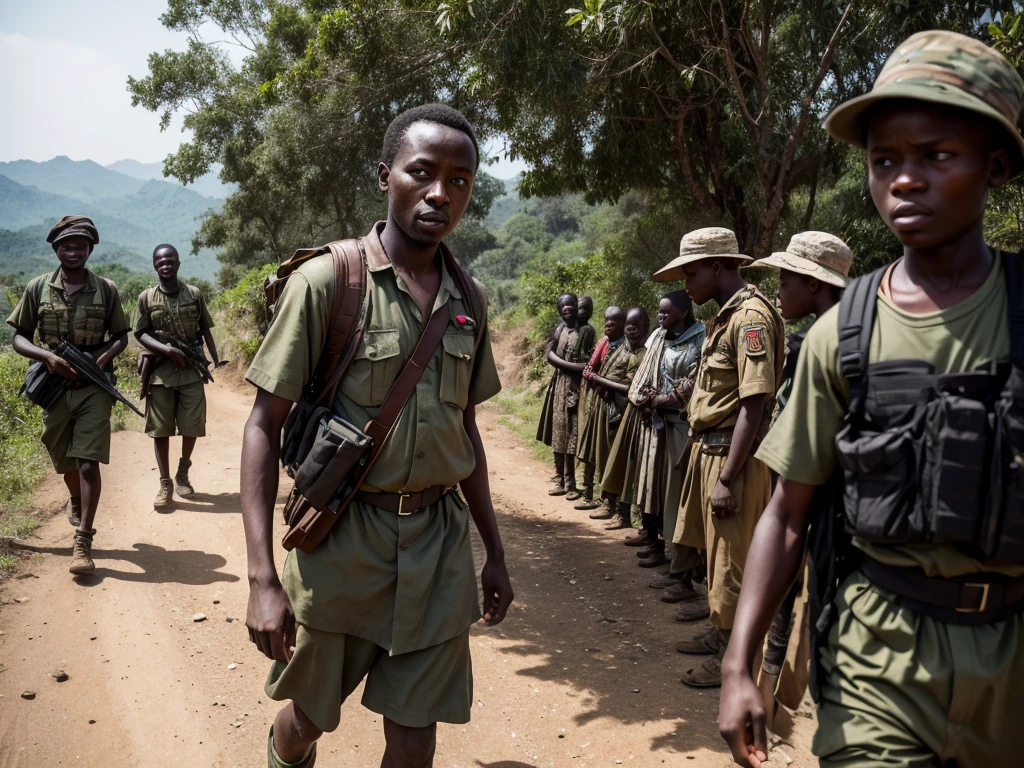 Create a hyper-realistic, 16K resolution image depicting Laurent-Désiré Kabila and his army of  soldiers, known as Kadogos, during their grueling 2,000-kilometer journey from the eastern border with Rwanda to the capital city of Kinshasa in the 1990s.

Scene Description:

Setting: The scene should capture the harsh and varied terrain of their journey, transitioning from the mountainous and forested eastern regions to the more urban environment approaching Kinshasa. The background should include elements such as dense forests, rugged mountains, and dusty roads leading into the city, symbolizing the long and arduous trek.
Time of Day: Use lighting that conveys the passage of time and the endurance required for such a journey. This could be the soft, golden light of dawn, symbolizing hope and the start of a new day, or the dim, tired light of dusk, reflecting the exhaustion and determination of the march.
Main Characters:

Laurent-Désiré Kabila: Depict Kabila as a strong and determined leader, guiding his troops with a resolute expression. He should be in military attire, appropriate for a revolutionary leader, possibly worn and dusty from the long march. His posture should exude authority and unwavering commitment.
Kadogos (Child Soldiers): The Kadogos should be shown as young, determined soldiers, typically aged between 10 and 16 years old. They should be dressed in simple, rugged military uniforms, carrying basic gear and weapons. Their expressions should reflect both their youthful innocence and the resolve forged by their difficult journey. Emphasize their resilience and unity as they march alongside Kabila.
Additional Elements:

Terrain and Journey: Include visual elements that highlight the grueling nature of their journey. Show the group traversing difficult landscapes, such as steep mountain paths, dense forests, and long, dusty roads. Incorporate signs of the journey’s toll, like worn-out shoes, makeshift camps, and tired faces.
Rwandan Influence: Subtly