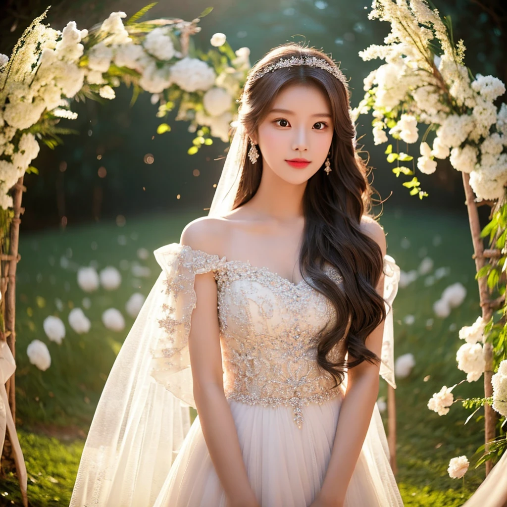 Generate an image of an extraordinarily beautiful 20-year-old Asian woman standing alone, whose beauty rivals that of a goddess of the fire element. She has large brown eyes, dark brown hair, glowing skin, and a captivating appearance. She is wearing a stunning white wedding dress that accentuates her elegance. The woman stands charmingly alone, her beauty appearing as if blessed by nature, in a very romantic and lovely aisle adorned with flowers and soft lighting, exuding a magical and serene atmosphere.