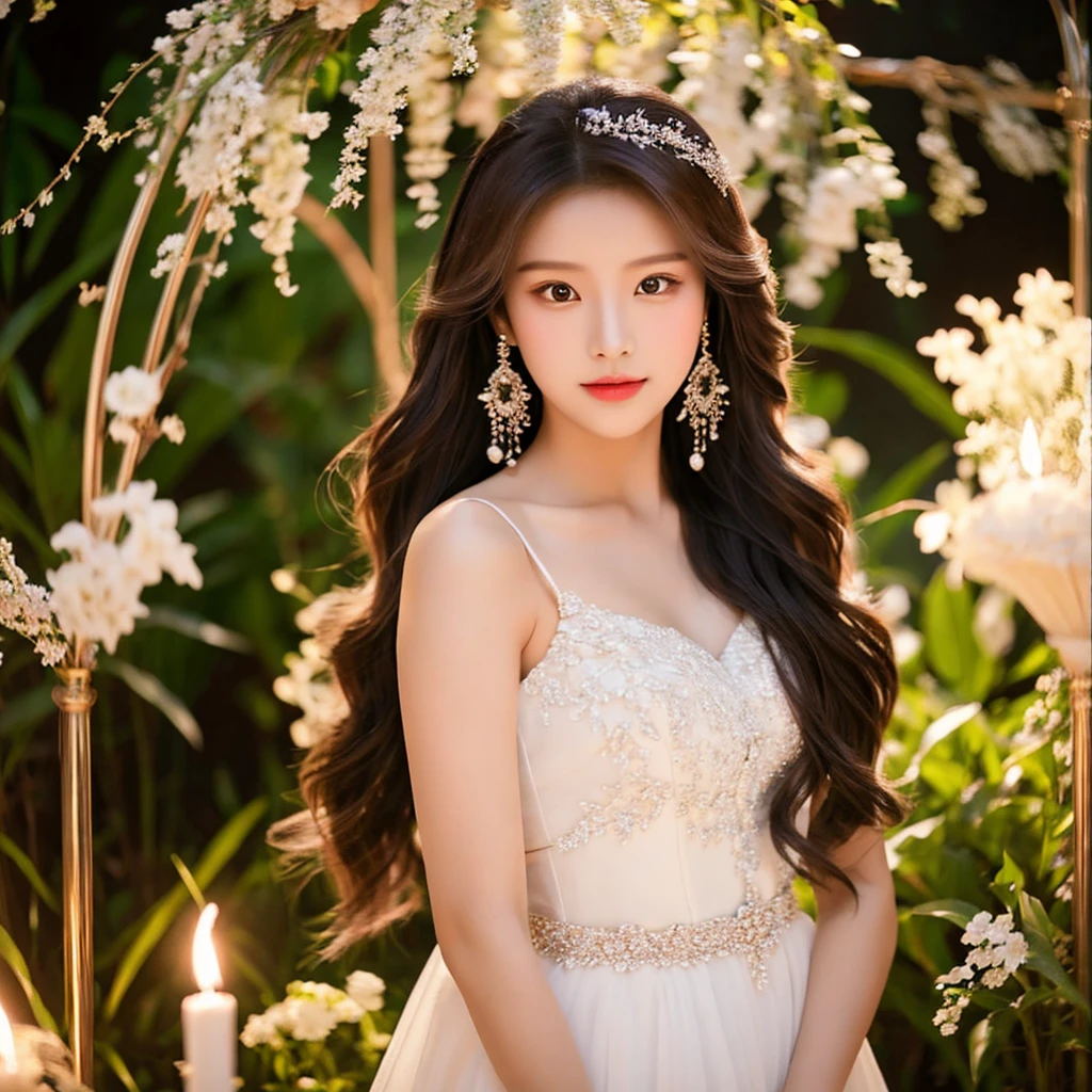 Generate an image of an extraordinarily beautiful 20-year-old Asian woman standing alone, whose beauty rivals that of a goddess of the fire element. She has large brown eyes, dark brown hair, glowing skin, and a captivating appearance. She is wearing a stunning white wedding dress that accentuates her elegance. The woman stands charmingly alone, her beauty appearing as if blessed by nature, in a very romantic and lovely aisle adorned with flowers and soft lighting, exuding a magical and serene atmosphere.