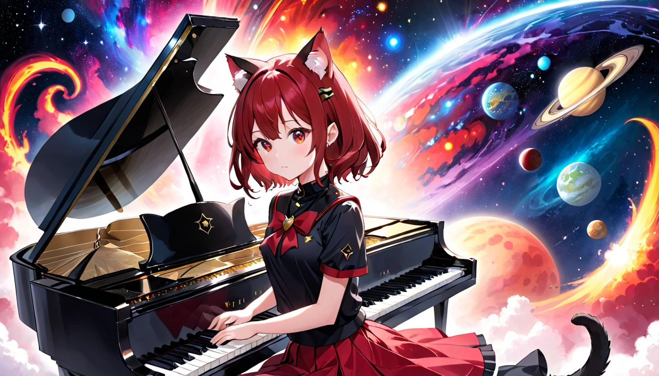 A cat-eared girl with modest chest, with mesmerizing eyes, wearing a black and red uniform-like outfit with a skirt, playing a piano with a cosmic background.