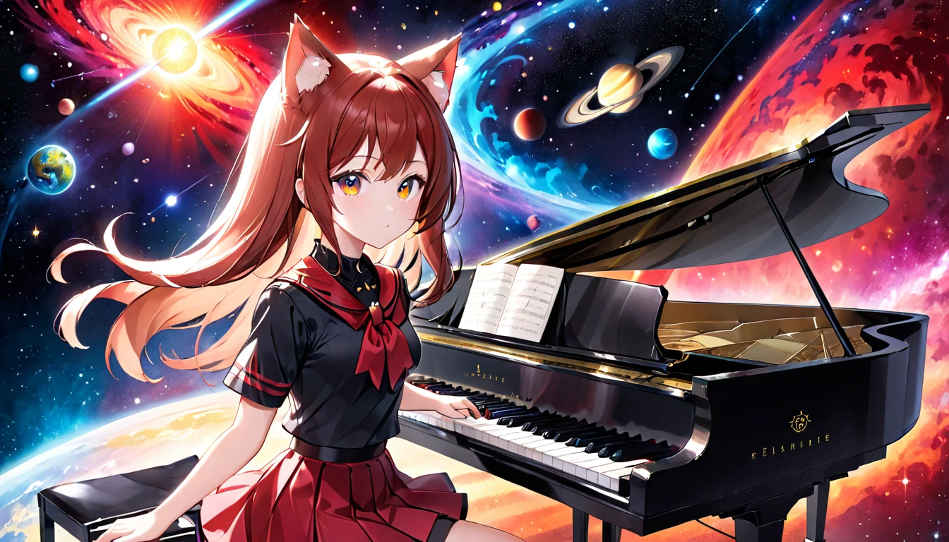 A cat-eared girl with modest chest, with mesmerizing eyes, wearing a black and red uniform-like outfit with a skirt, playing a piano with a cosmic background.