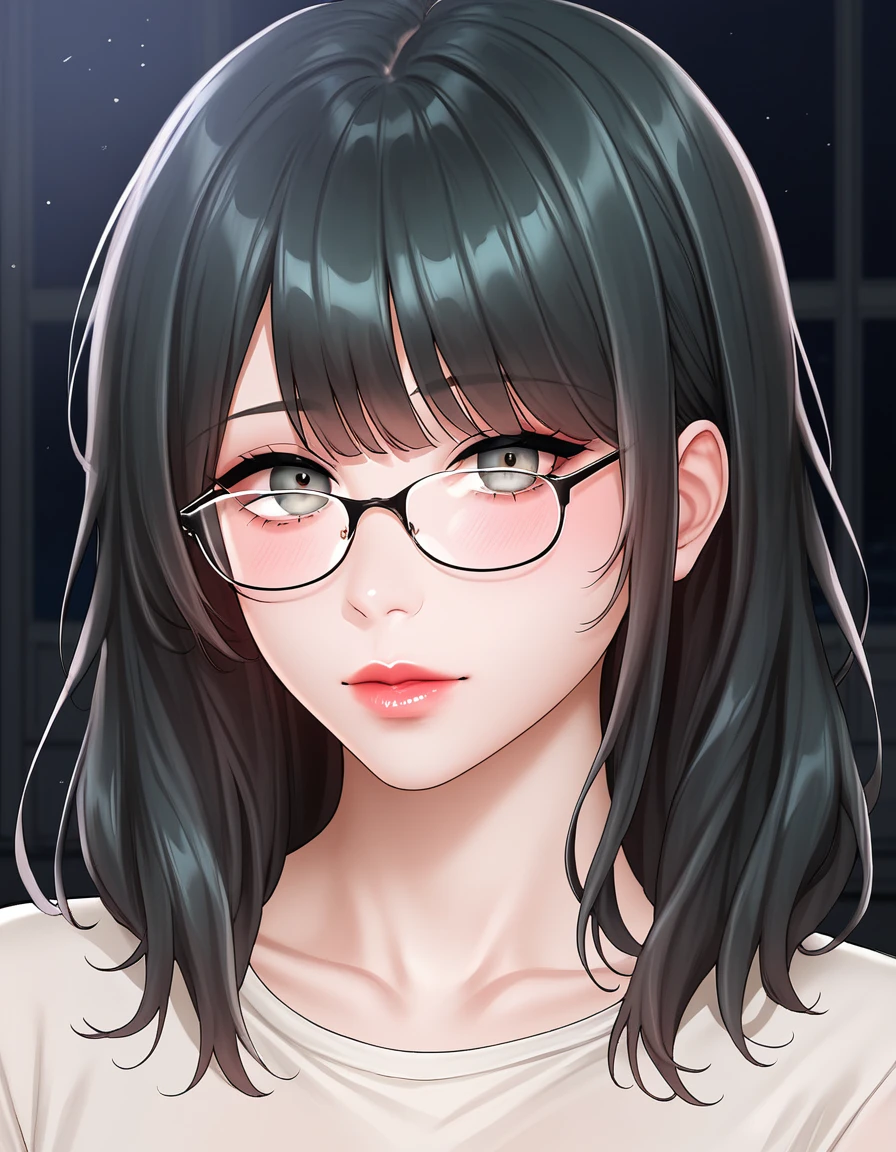 score_9,score_8_up,score_7_up, source_anime, detailed face, looking at viewer, blush, cowboy shot fw.yerin, (RAW photo, best quality), (realistic, photo-realistic:1.2), 1girl, high quality, (high detailed skin:1.4), puffy eyes, glasses, gorgeous hair, (dark room:1.3), (rim lighting:1.3), (dimly lit:1.3), (dark night:1.3), indoors, portrait, black hair, dark background