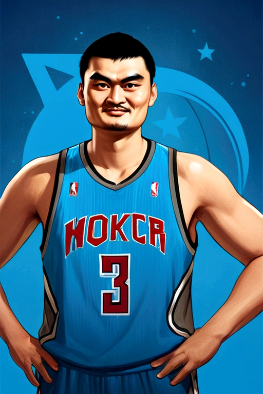 Yao Ming, Blue Background, Rockstar Game Style Epic Poster Concept Art, In a desaturated atmosphere, Features detailed character designs