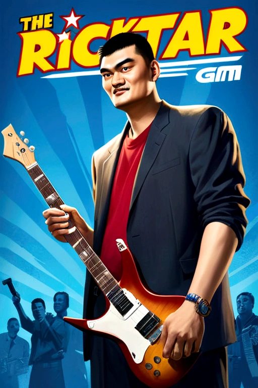 Yao Ming, Blue Background, Rockstar Game Style Epic Poster Concept Art, In a desaturated atmosphere, Features detailed character designs