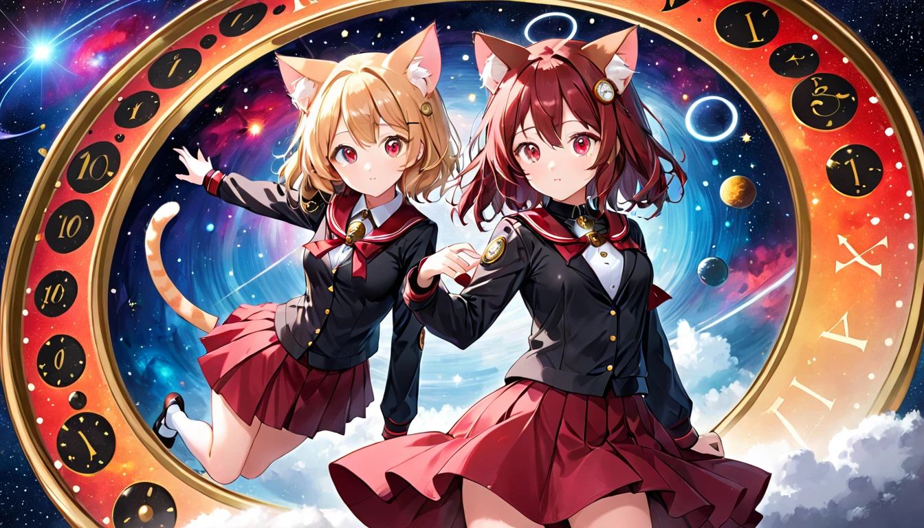 A cat-eared girl with modest chest, with mesmerizing eyes, dressed in a black and red uniform-like outfit with a skirt, featuring a time-traveling clock in a cosmic background.