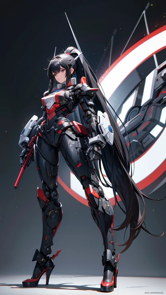 A huge mecha girl with long black hair and ponytail，Chest，Full body black armor，helmet，slim figure，robot，mechanical joint，Thruster，high heels，front，Sci-fi punk city