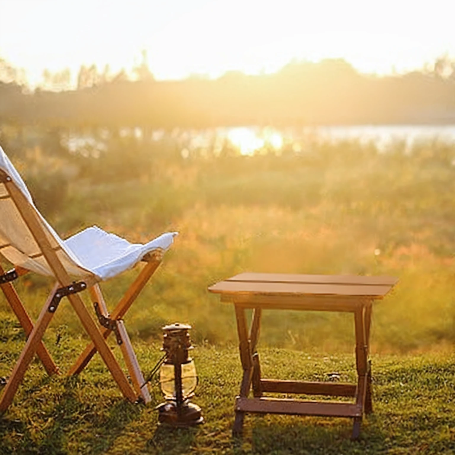 There is a chair and a table on the grass by the water, Summer environment, Summer lake view, Week setting, Summer Afternoon, relaxing environment, Relaxed atmosphere, Prime hour in the morning, Peaceful environment, Sunny morning, summer morning light, Warm and beautiful scene, Sunny atmosphere, sunny morning light, afternoon hangout, Outdoor Environment, sunny environment, Peaceful atmosphere, Golden hour sunlight