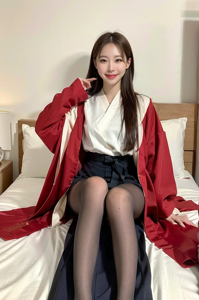 Ulzzang-6500-v1.1, (RAW photos:1.2), (realistic), beautiful and detailed girl, (bona fide: 1.4), (masterpiece), Upper class girl wearing elegant robes in random colors、(pantyhose)、fluttering pose、A cunning smile、embarrassing、embarrassing、lying in bed、