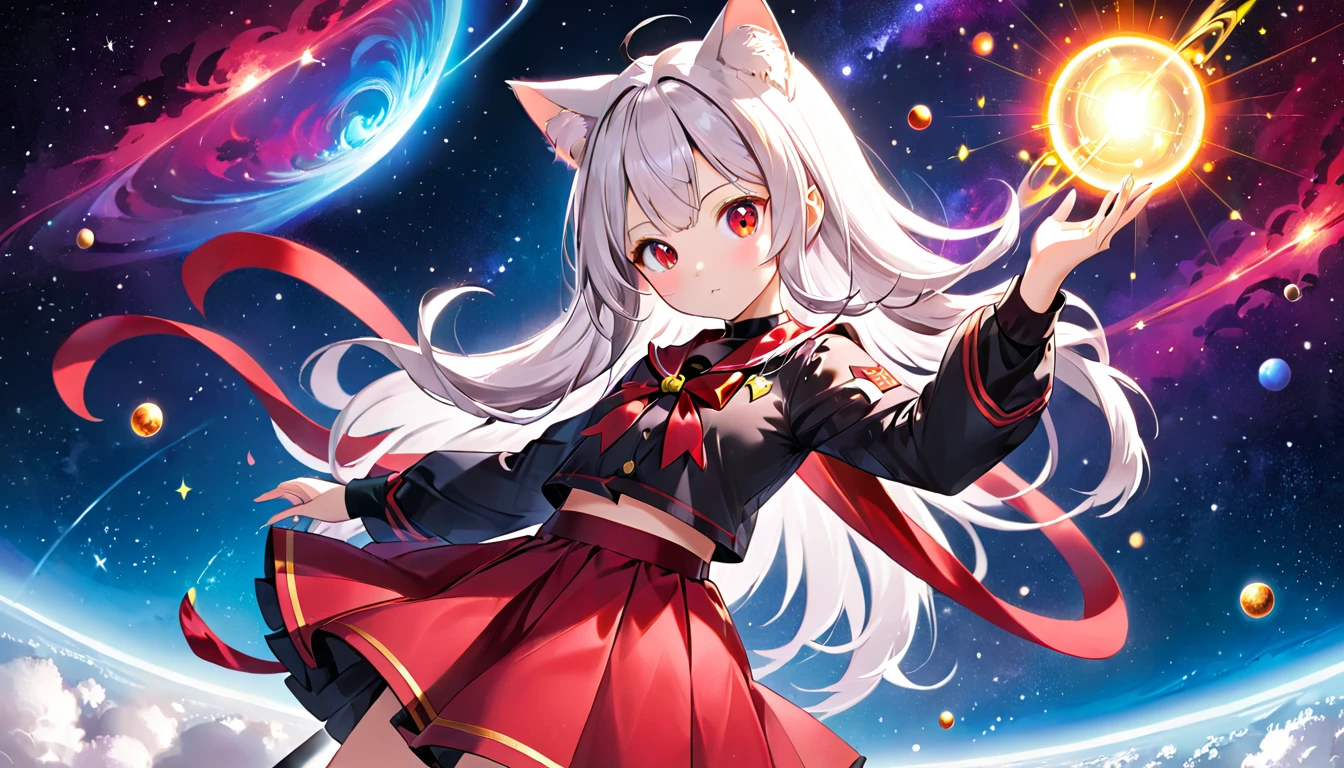 A cat-eared girl with modest chest, with mesmerizing eyes, dressed in a black and red uniform-like outfit with a skirt, casting magical spells in a cosmic background.