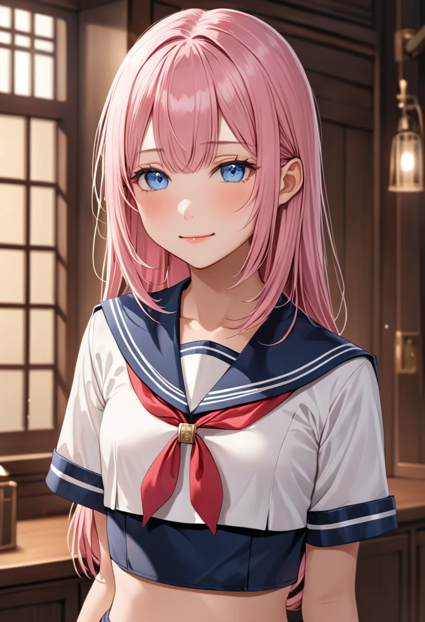 (masterpiece, top quality, very aesthetic, 4k、), intricate detail, 1girl,stand、(cowboy shot:1.4)、front view,light smile、half closed eyes,
Cute 、pink hair、straight hair,middle hair,sidelock ,,blue eyes、serafuku、small breasts,Slim 、