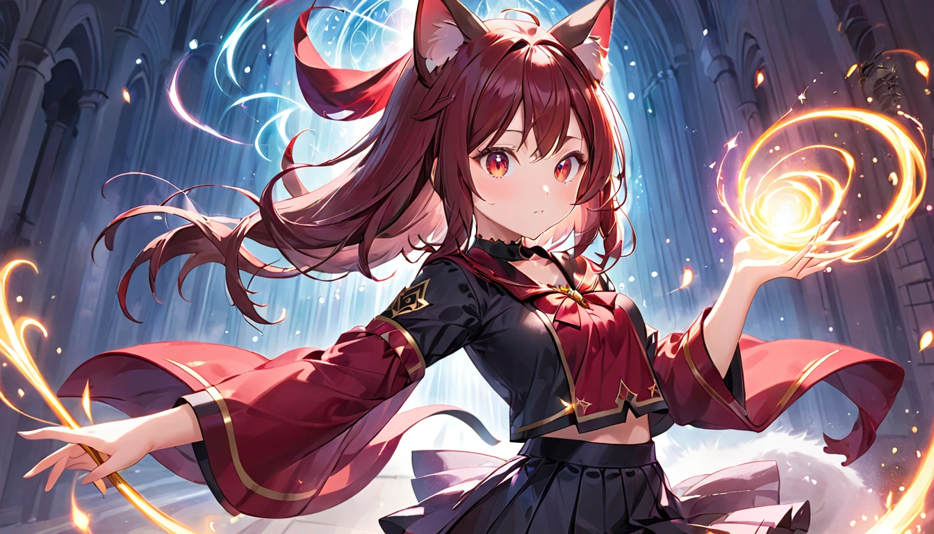 A cat-eared girl with modest chest, with mesmerizing eyes, in a black and red uniform-like outfit with a skirt, casting magical spells.