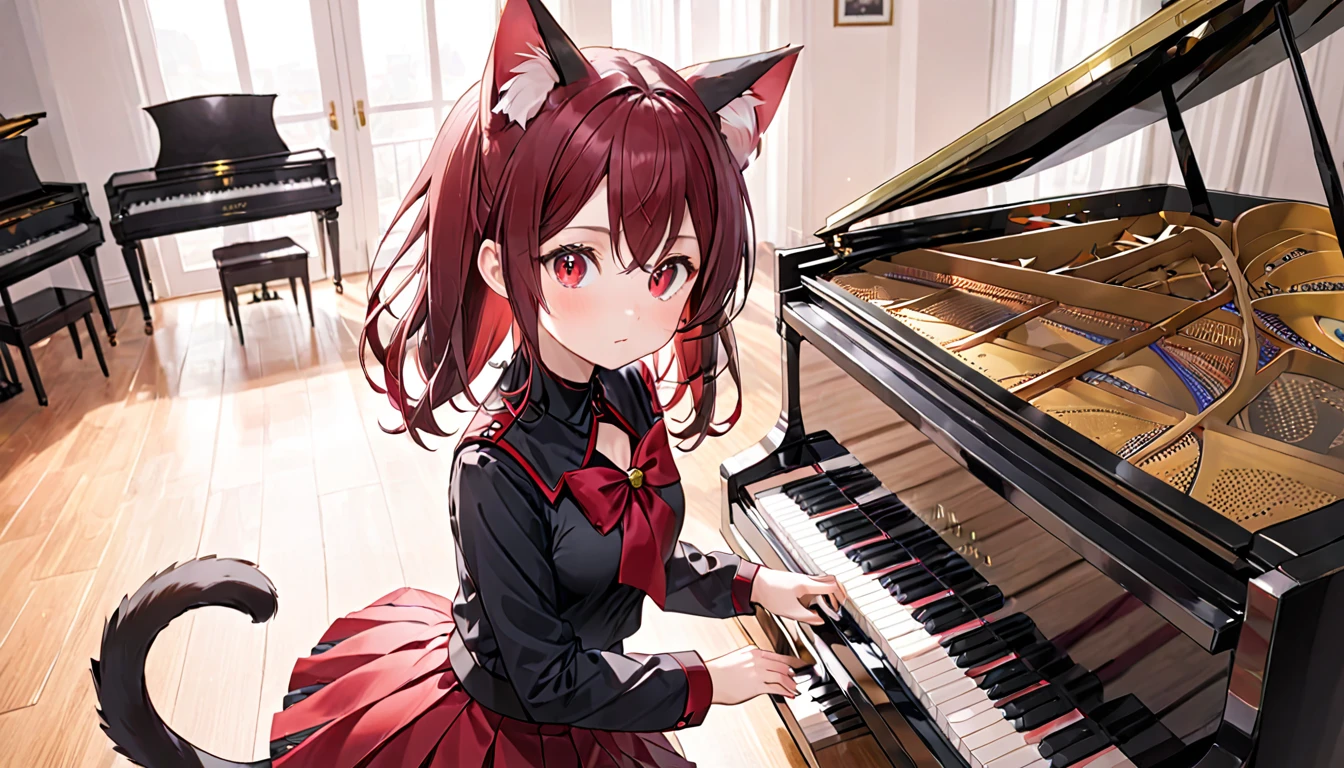 A cat-eared girl with modest chest, with mesmerizing eyes, wearing a black and red uniform-like outfit with a skirt, playing a piano.