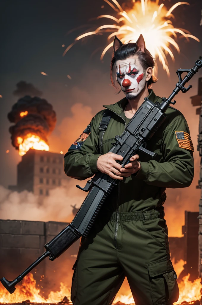 a clown holding an ak47 rifle, wearing a jumpsuit with ciphon prints, with an angry doberman by your side, with a background image of an explosion of money bills