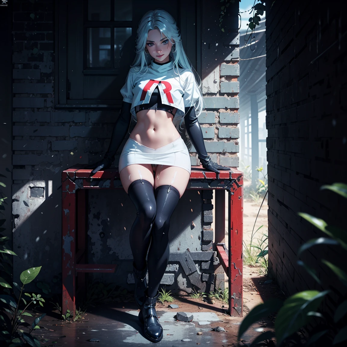 1girl, (solo), very long straight hair, light blue hair, flat chest, small size, blue eyes, fair skin, glossy lips ,team rocket uniform, red letter R, white skirt, white crop top, black thigh-high boots, black elbow gloves, perverted smile, red cheeks, looking down on viewer, sitting down, legs crossed, naked sex, sex view, lots of cum on sex, full body, (days), sun, forest, (very sexy body, detailed face, masterpiece, highly detailed, 8k, best quality, vibrant colors, digital art, concept art)