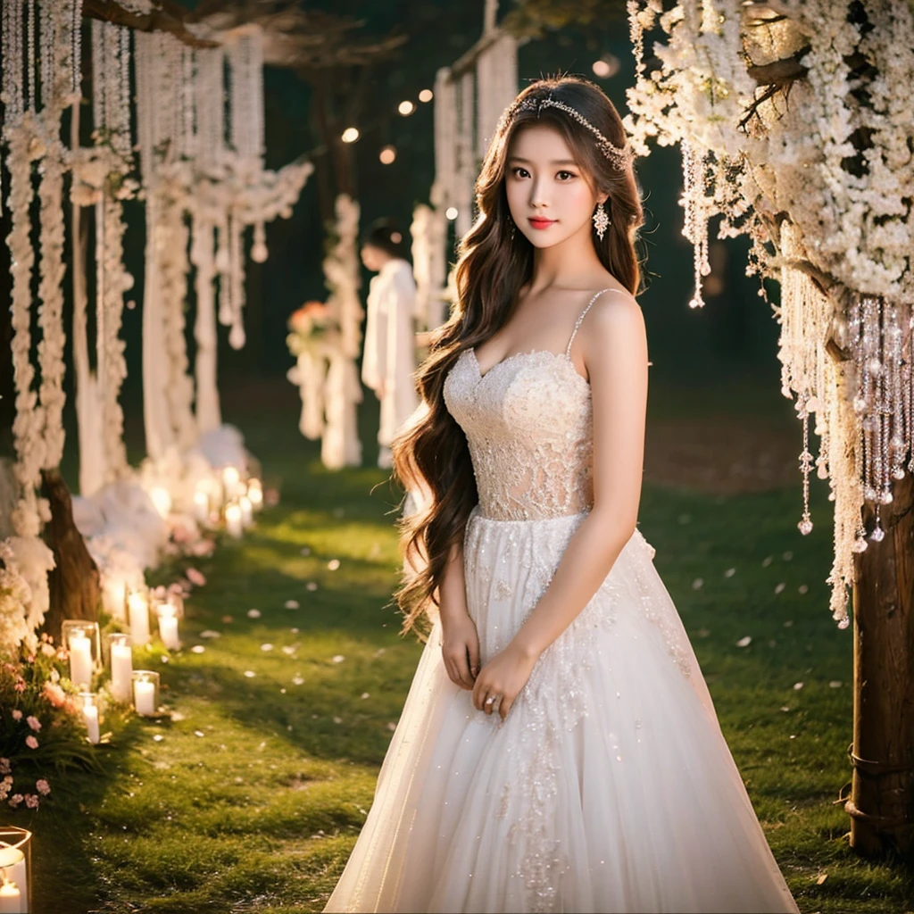 Generate an image of an extraordinarily beautiful 20-year-old Asian woman standing alone, whose beauty rivals that of a goddess of the fire element. She has large brown eyes, dark brown hair, glowing skin, and a captivating appearance. She is wearing a stunning white wedding dress that accentuates her elegance. The woman stands charmingly alone, her beauty appearing as if blessed by nature, in a very romantic and lovely aisle adorned with flowers and soft lighting, exuding a magical and serene atmosphere.