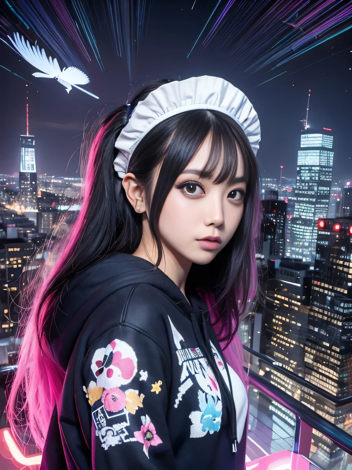 (masterpiece), Highest quality, 超High resolution,, Cyberpunk 1 A girl flying over a beautiful cityscape ,hoodie,Black Hair, Neon colorの流れ星, Very long hair, Maid clothes, Feather hair ornament, Neon color, Blink, Amazing night sky, Cinema Lighting, Realistic, Realistic Skin, High resolution,Fisheye Lens