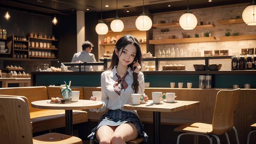 A photo of a Korean woman wearing a uniform and sitting in a cafe. She is 1 and is wearing a short skirt and sneakers. The background contains a few other people and cafe items.