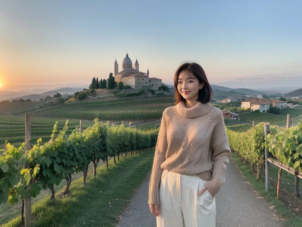 8k best picture quality, Beautiful 36-year-old Korean woman, short and nice weather. Chest size 34 inches, Dense fog at dawn in the Italian countryside, past the vineyard, A cathedral can be seen in the village in the distance in the fog..., The back background is realistic and vivid quality., Short and medium hair blowing in the wind, Wear luxury brand travel clothes,. a faint smile. the background is clear, Short and slim Korean woman, stand far away, Photo taken with a wide-angle lens