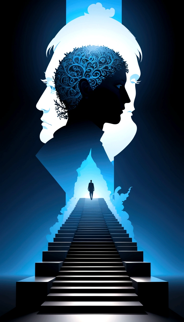 Sculptural head silhouette with an open mind leading to stairs, a lone figure ascending, representing personal growth, against a stark black background, minimalistic, blue-white gradient lighting, surrealism, digital art, Peter Tarka style, sharp focus